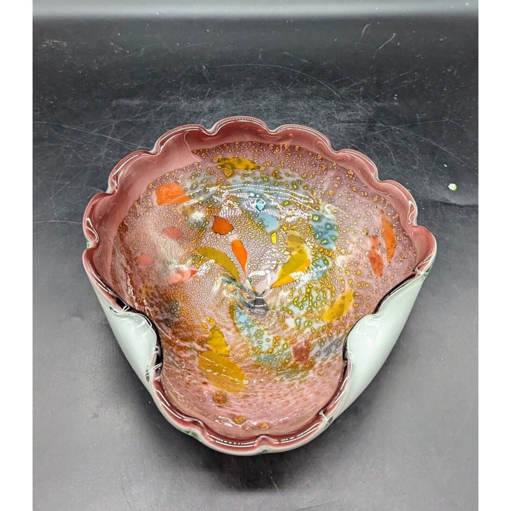Vintage Murano Italy Multi Color Purple Scalloped Art Glass Bowl Aventurine 9.5"